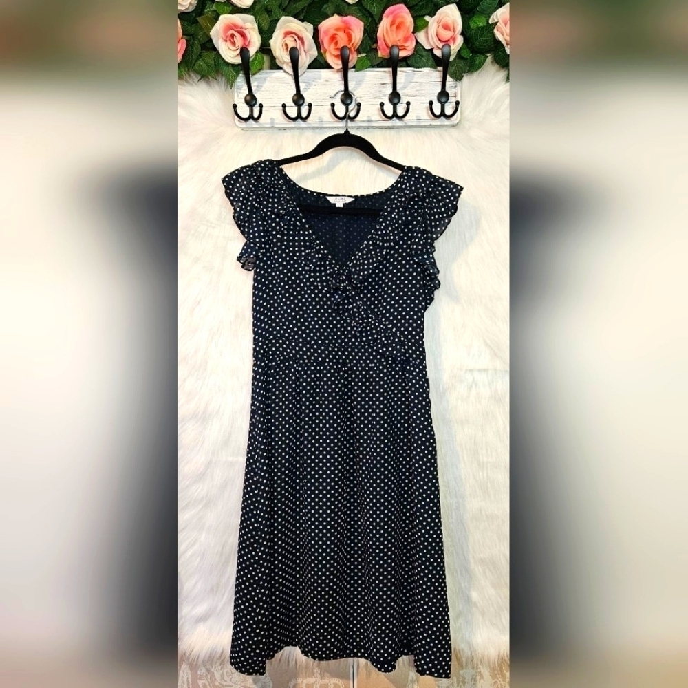 Alfred Sung Black and White Flutter Sleeve Ruffled A-line Midi Dress